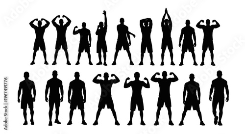 Collection of muscular male silhouettes in various poses showcasing strength and fitness.