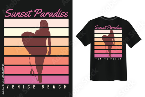 Retro sunset paradise venice beach t-shirt design featuring a female surfer silhouette
