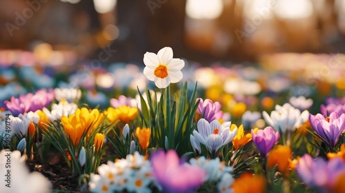 Bright Flowers Arranged Against a Light Blue Background in Spring Season