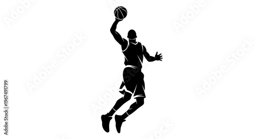 Dynamic silhouette of a basketball player mid-air, about to dunk the ball, showcasing athletic prowess and the intensity of the game.