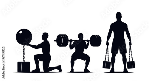 Silhouettes of men performing various strength training exercises.