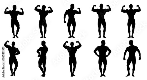 Silhouettes of Muscular Bodybuilders Posing in Various Dynamic Stances.