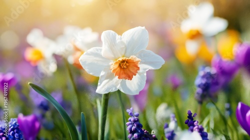Spring Flowers Bloom in a Sunny Garden With Colorful Petals and Green Leaves