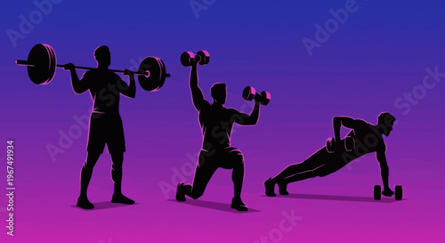Silhouettes of men engaged in various fitness exercises with weights on a vibrant gradient background.