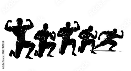 Silhouettes of muscular bodybuilders posing in various strong stances, showcasing strength and fitness on a white background.