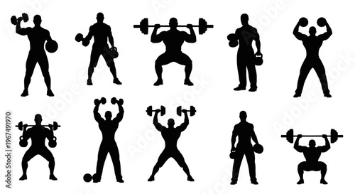 Silhouettes of muscular men engaged in various weightlifting exercises, showcasing strength and fitness routines.