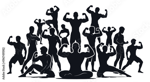 Silhouettes of muscular men posing in various strong stances.