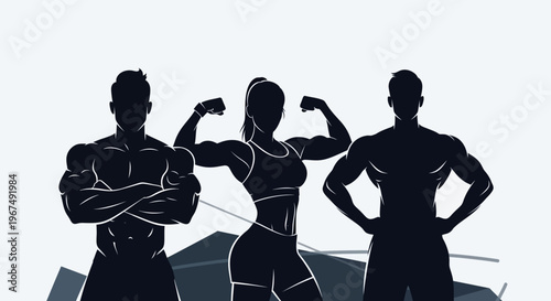 Silhouettes of muscular bodybuilders posing with confidence.