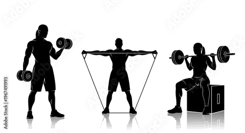 Silhouettes of people engaged in various fitness activities, including weightlifting and resistance band exercises.