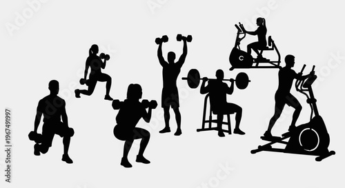 Silhouettes of people engaged in various fitness activities and exercises.