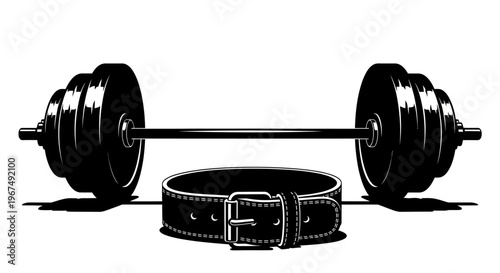 Barbell and weightlifting belt for strength training.