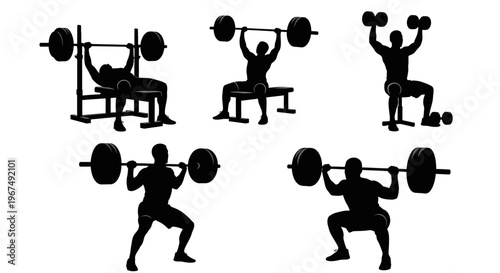 Silhouettes of people performing various weightlifting exercises and gym workouts.