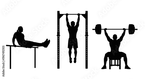 Silhouettes of athletes performing various strength training exercises.