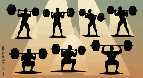 Silhouettes of weightlifters performing squats with barbells in a gym setting.