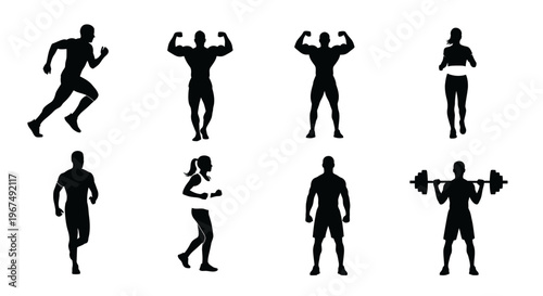 Silhouettes of various athletes and fitness enthusiasts in different poses.