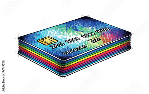 Stack of colorful credit cards with embossed numbers and chip