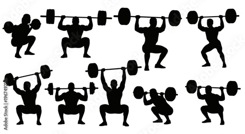 Silhouettes of weightlifters performing squats with barbells, showcasing strength and fitness.