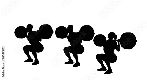 Silhouettes of weightlifters performing squats with barbells.