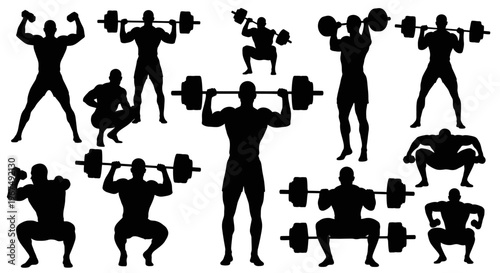 Silhouettes of weightlifters performing various exercises with barbells.