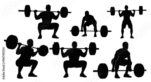 Silhouettes of weightlifters performing squats with barbells, showcasing various stages of the exercise in a gym setting.