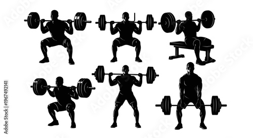 Silhouettes of weightlifters performing various barbell exercises.