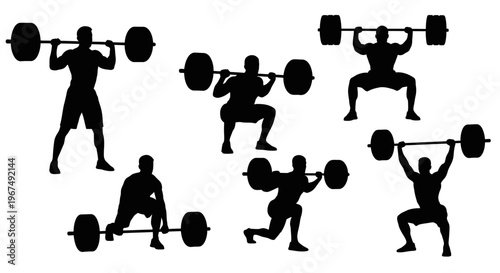 Silhouettes of weightlifters performing various barbell exercises.