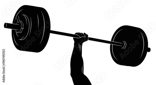 Strong arm lifting heavy barbell in a powerful display of strength.