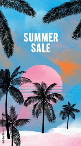 Bright Summer Sale Poster With Palm Trees and Sunset in Tropical Setting