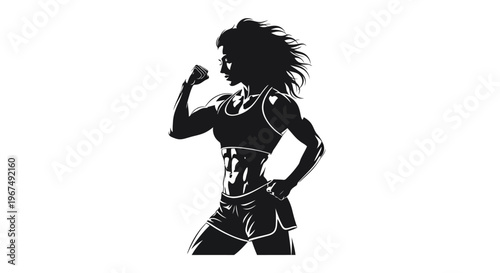 Strong athletic woman flexing bicep in silhouette.
