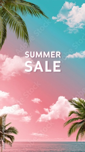 Bright Summer Sale Poster With Palm Trees and Sunset in Tropical Setting