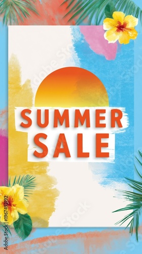 Summer Sale Announcement With Colorful Background and Tropical Flowers