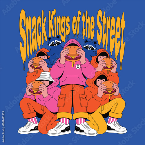 Street Food Royalty Bold Graffiti Vector Illustration Featuring Cartoon Figures in Modern Urban Fashion