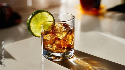 Refreshing Drink With Lime and Ice on a Table in Bright Light During Afternoo...