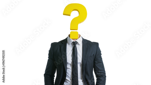 Konstfotografi Man in suit with yellow question mark for head, isolated on transparent backgrou