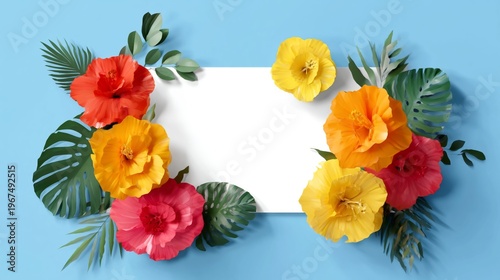 Bright Flowers Surround a Blank Center on a Blue Background for Decoration or Design