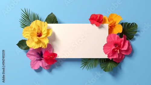 Bright Flowers Surround a Blank Center on a Blue Background for Decoration or Design
