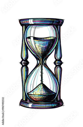 Colorful hourglass sketch with sand flowing, representing time passing