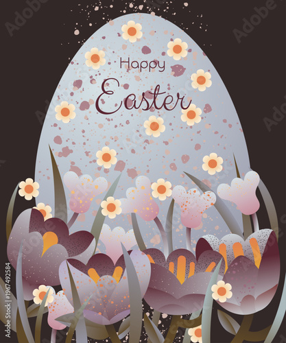Easter greeting card with floral egg and spring flowers, decorative holiday illustration