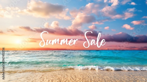 Summer Sale Announcement at the Beach During Sunset With Colorful Clouds in t...