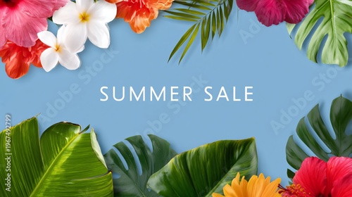 Colorful Flowers and Leaves Promoting Summer Sale on a Blue Background
