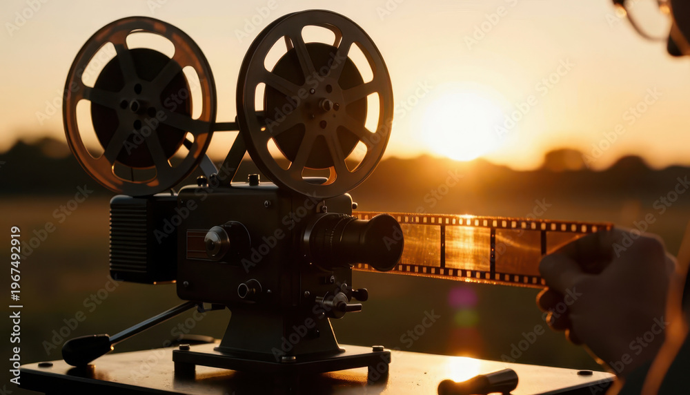 Fototapeta premium A film projector is being operated at sunset. the projector reels spinning as a hand adjusts the film near the bright horizon.