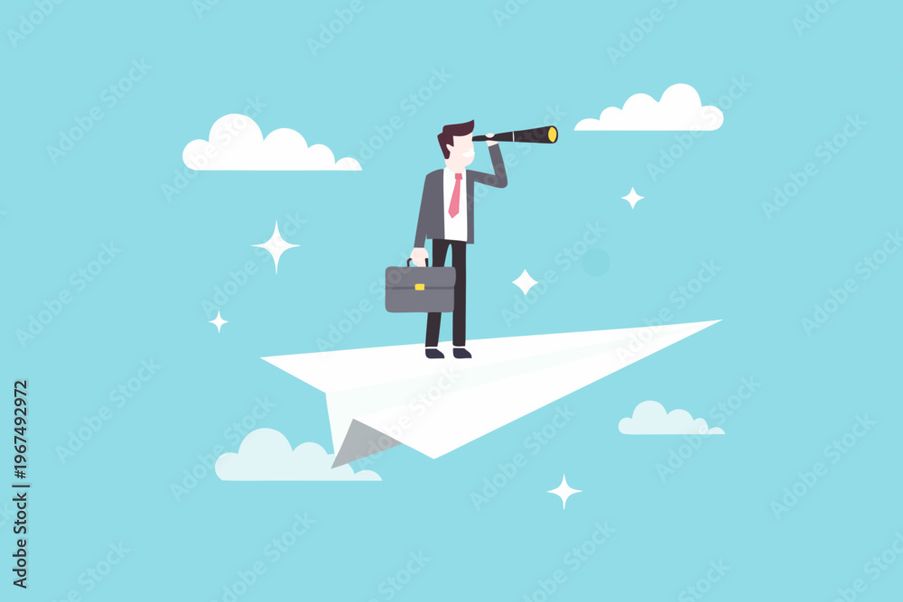Obraz premium Businessman on paper airplane searches with a telescope in the sky