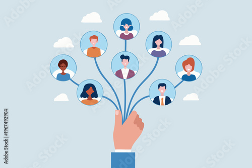 A hand holding a network of diverse individuals in circular portraits