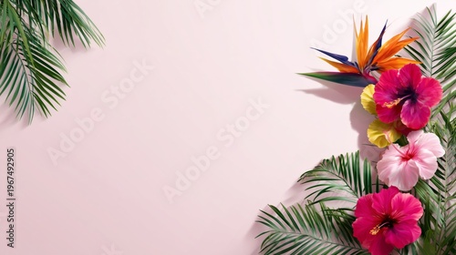 Bright and Colorful Tropical Flowers Arranged on a Light Background for Decor...