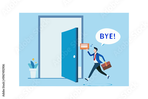 Business professional cheerfully exits through an open doorway saying goodbye