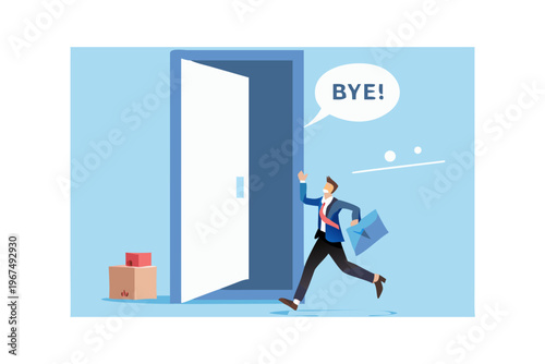 Businessman rushing through an open doorway with a farewell message