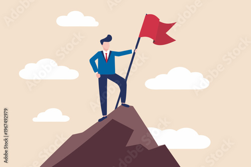A businessman victoriously plants a red flag atop a mountainous peak
