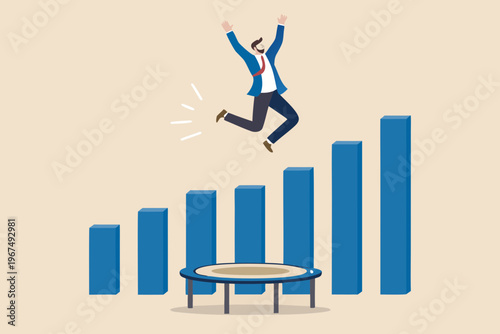 Business professional joyfully jumping on a trampoline with rising bar graph