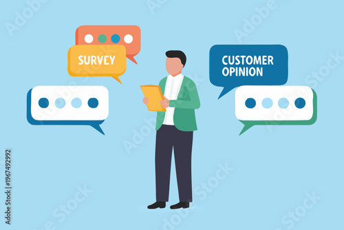 Man conducting a customer opinion survey with colorful speech bubbles