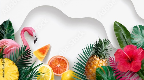 Bright Tropical Scene With Fruit and Flowers Arranged in a Vibrant Design